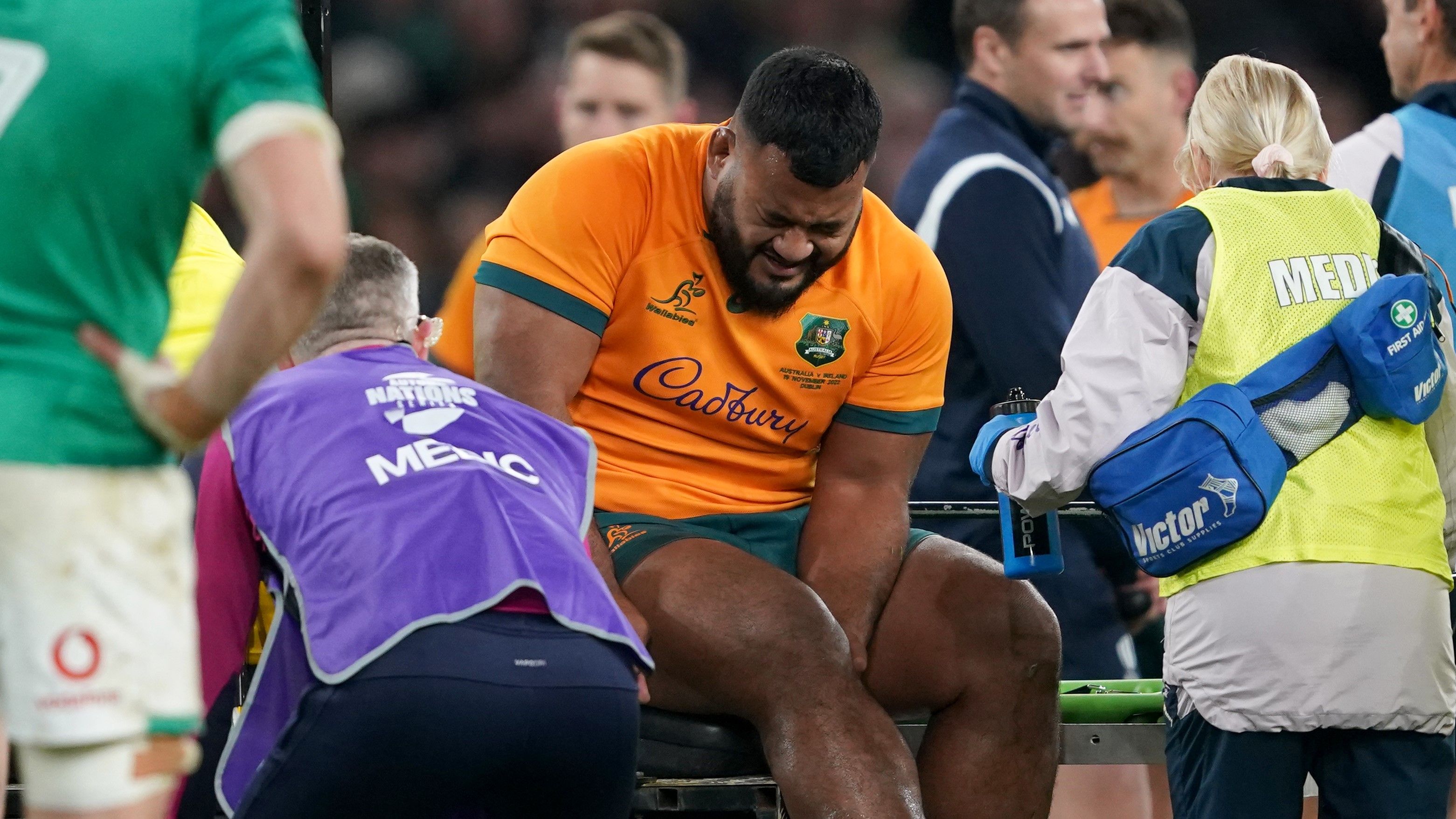 Taniela Tupou leaves the game with an injury at Aviva Stadium in Australia&#x27;s Spring Tour Test against Ireland.