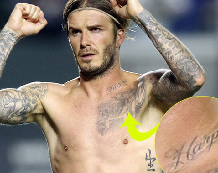 Shirtless David Beckham shows off his 'Harper' tattoo as Victoria tweets  adorable new baby pic - 9Celebrity