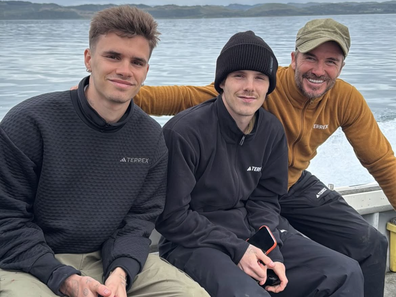 David Beckham with sons Cruz and Romeo on birthday fishing trip.