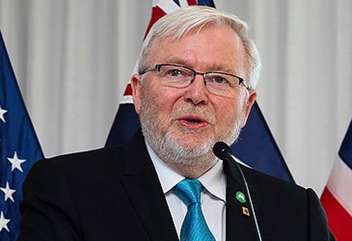 Kevin Rudd addresses technology and innovation event in Seattle in 2025 (Alex Ellinghausen/Nine)