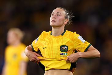 BRISBANE, AUSTRALIA - JULY 27: Caitlin Foord of Australia shows dejection after the team&#x27;s 2-3 defeat in the FIFA Women&#x27;s World Cup Australia &amp; New Zealand 2023 Group B match between Australia and Nigeria at Brisbane Stadium on July 27, 2023 in Brisbane / Meaanjin, Australia. (Photo by Elsa - FIFA/FIFA via Getty Images)