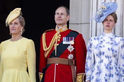 Sophie, Duchess of Edinburgh, Lady Louise Windsor and Prince Edward, Duke of Edinburgh during Trooping the Color on June 15, 2024 in London, England. 