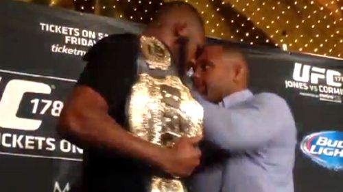 It got heated on stage between UFC light heavyweight champion Jon “Bones” Jones and his opponent Daniel Cormier ahead of their September 27 fight.