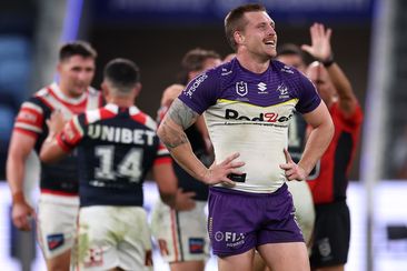 Cameron Munster of the Storm is sent to the sin-bin for a professional foul against James Tedesco of the Roosters.