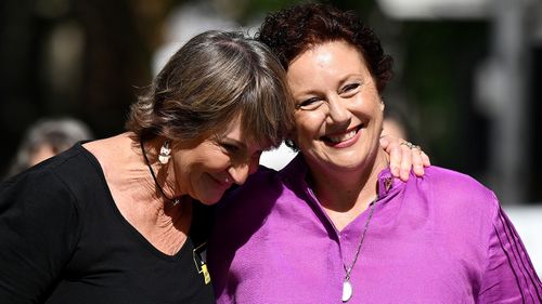 Kathleen Folbigg (right) along with supporter Tracy Chapman (left) at the NSW Court of Criminal Appeal.