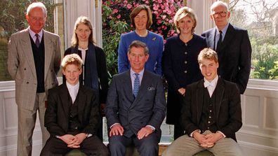 From left to right; (back row) Byran Organ, Lady Sarah Chatto, Lady Vestey, Mrs Bartholomew and Gerald Ward, (front row) Prince Harry, Prince Charles and Prince William, during the confirmation of Prince Harry at Eton at the school chapel