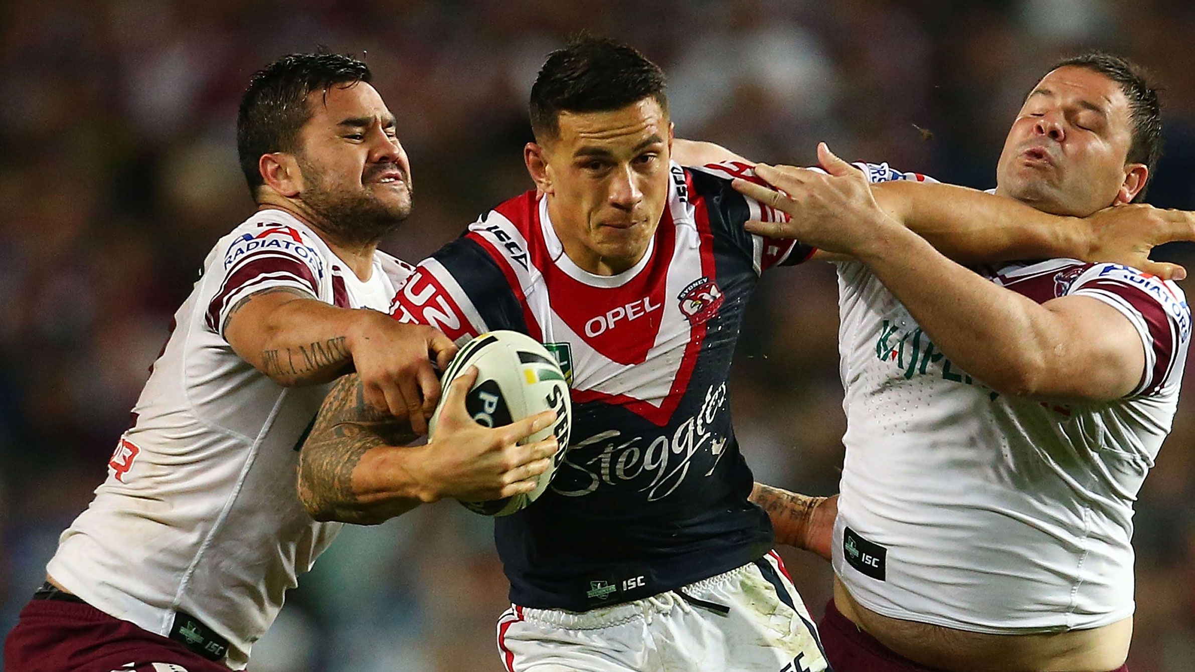 Sonny Bill-Williams runs the ball during the 2013 qualifying final between the Roosters and the Sea Eagles. 