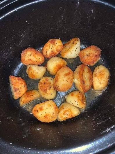 The crispy potatoes were cooked in the slow cooker for a whopping four hours.