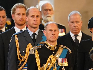 Peter Phillips, Prince Harry, Duke of Sussex, Prince William, Prince of Wales, Edward, Earl of Wessex, David Armstrong-Jones, Earl of Snowdon.