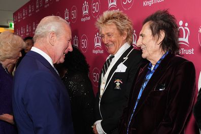 LONDON, ENGLAND - MAY 11: King Charles III meets Sir Rod Stewart and Ronnie Wood as they attend 'A King's Trust 50th Anniversary Celebration' at the Royal Albert Hall on May 11, 2026 in London, England. (Photo by Aaron Chown - WPA Pool/Getty Images)