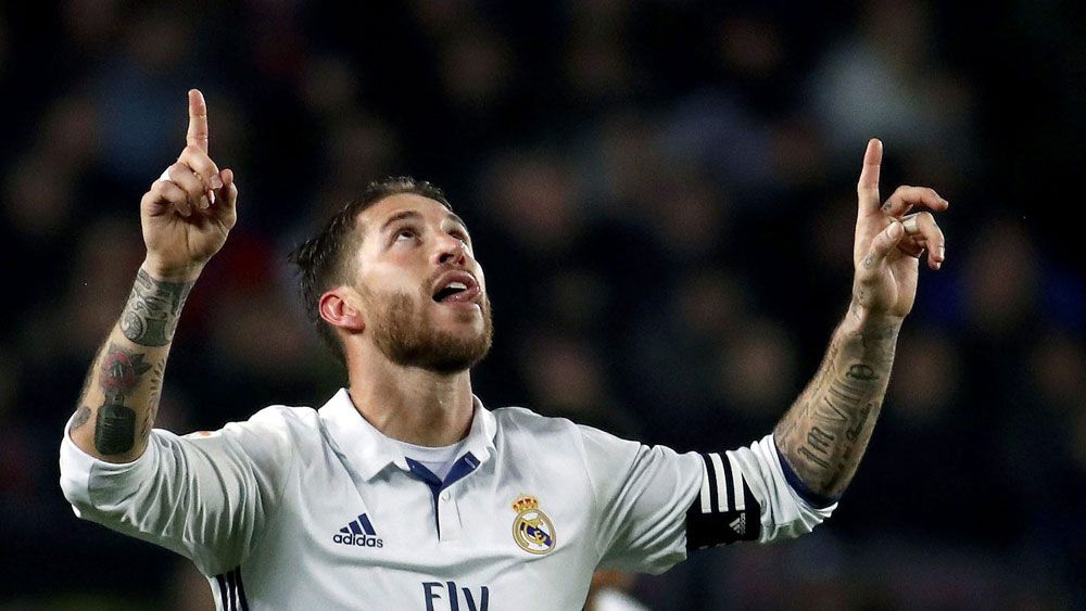 Sergio Ramos celebrates after scoring for Real Madrid.(AAP)