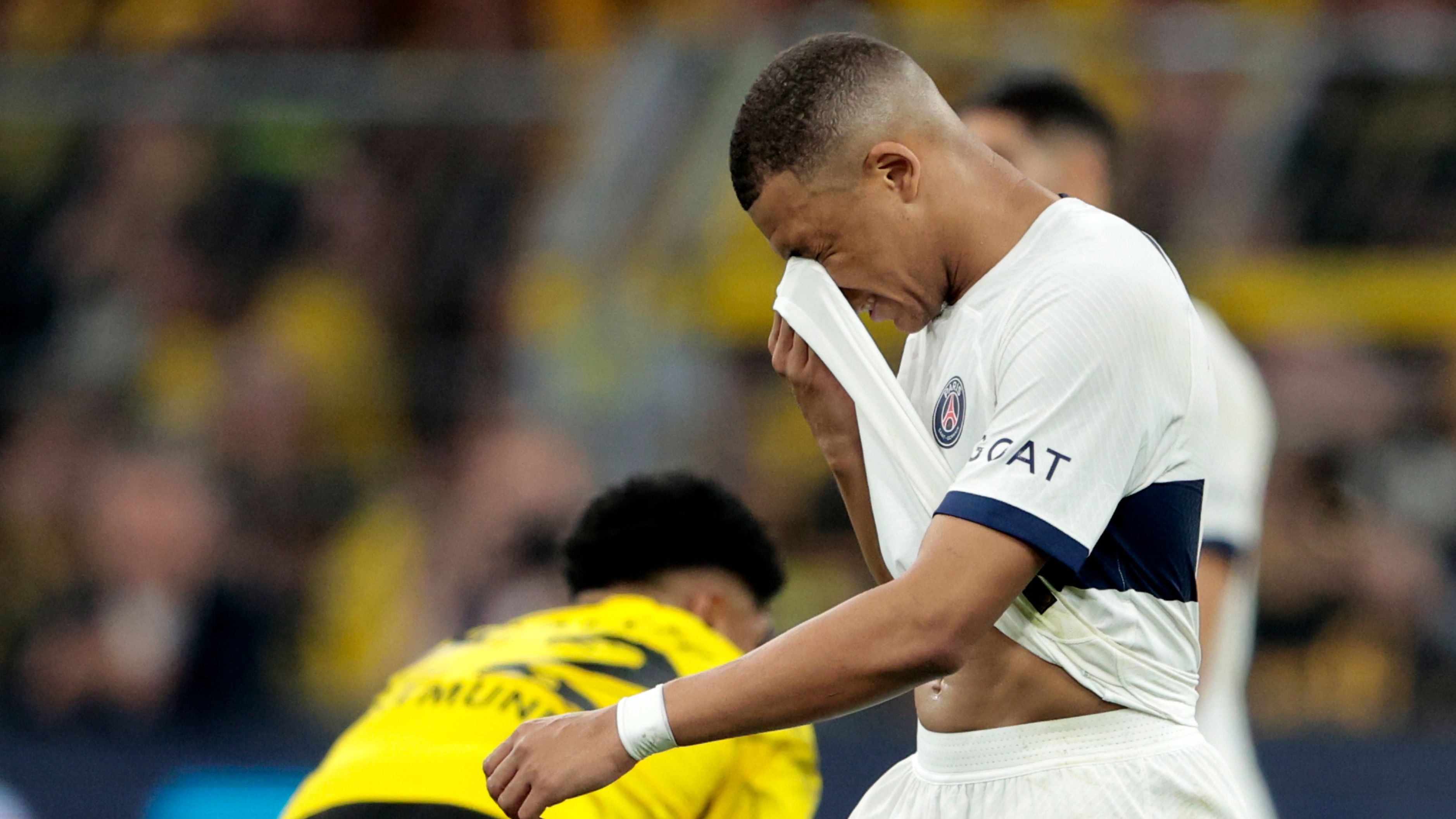 Kylian Mbappe of Paris Saint Germain disappointed during the UEFA Champions League match between Borussia Dortmund and Paris Saint Germain.