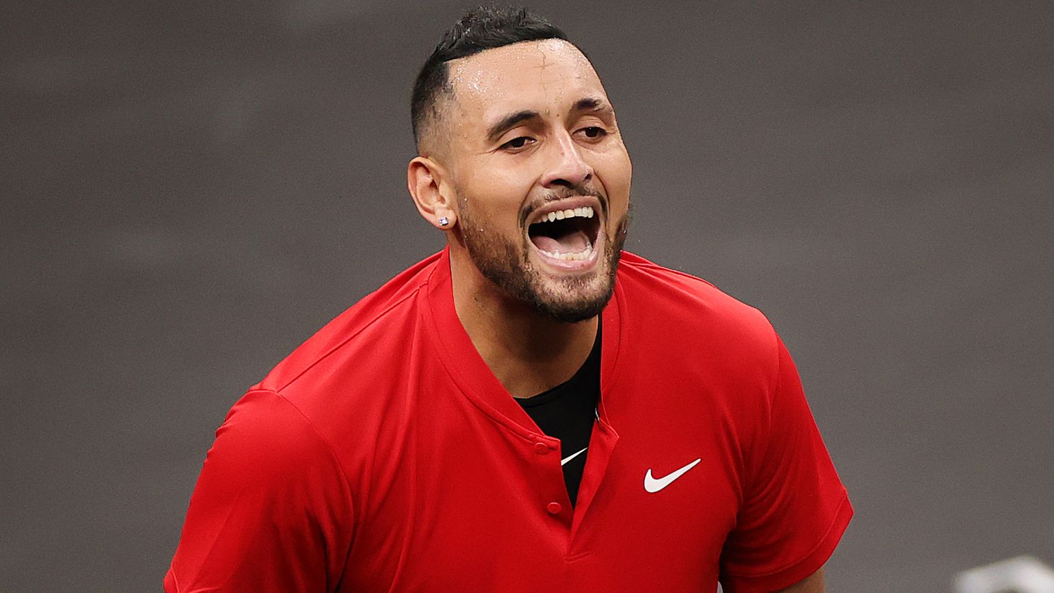 Nick Kyrgios of Team World reacts to a shot against Stefanos Tsitsipas of Team Europe during the fifth match during Day 2 of the 2021 Laver Cup at TD Garden.