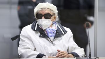 The at this time 96-year-old defendant Irmgard F. sits in the courtroom at the beginning of the trial day in Itzehoe, Germany, Tuesday, Nov. 9, 2021. 