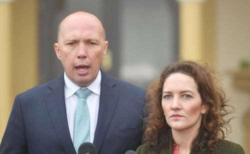 Peter Dutton campaigning today in Mayo, where a by-election will be held this weekend. Image: AAP