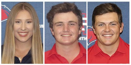 This combo of undated photos provided by the University of the Southwest, shows from left, golfers Laci Stone, Hayden Underhill, and Jackson Zinn. Stone and Zinn were killed, and Underhill was critically injured, in a fiery, head-on collision in West Texas, Tuesday evening, March 15, 2022. (University of the Southwest via AP)