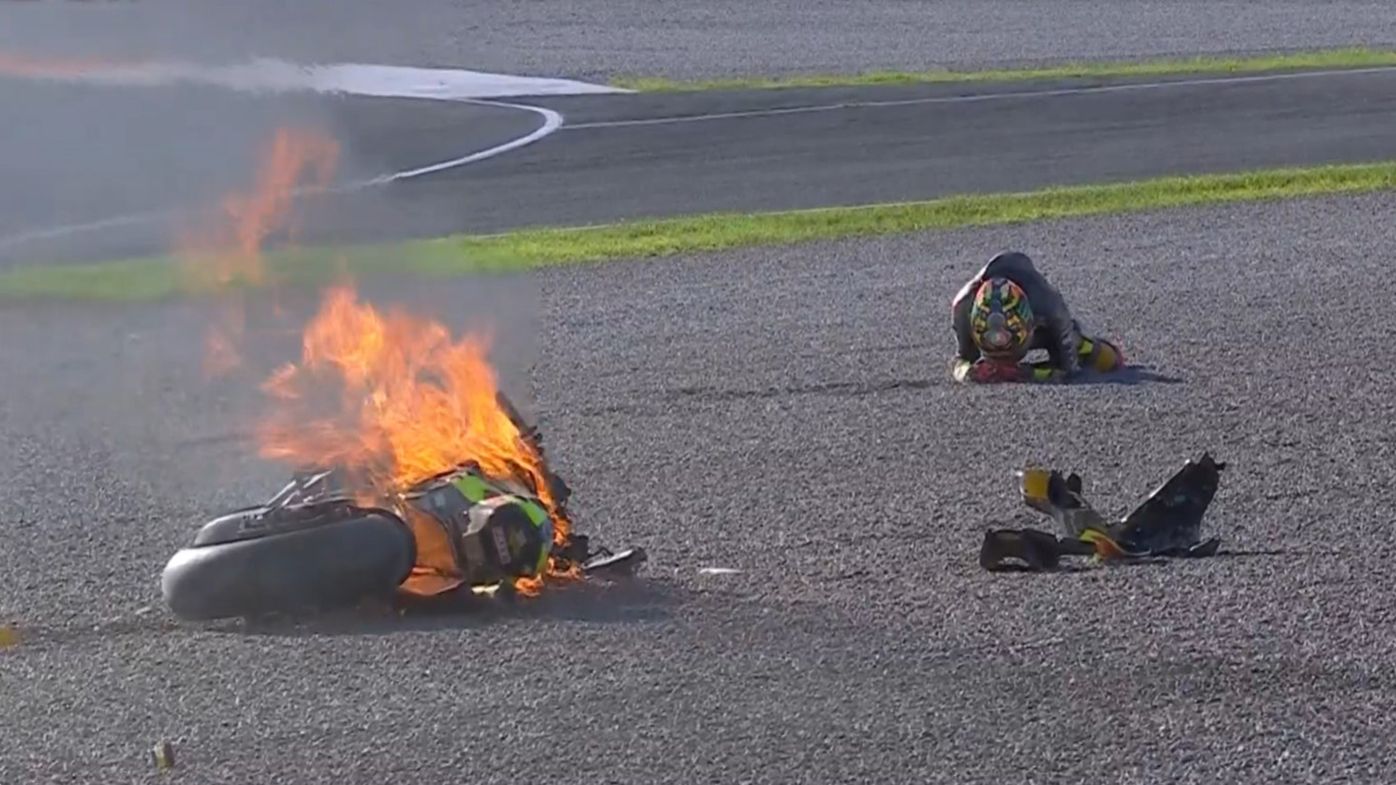Marco Bezzecchi crashes during practice for the Valencia MotoGP.