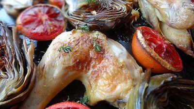 Recipe:&nbsp;<a href="http://kitchen.nine.com.au/2016/06/06/12/42/roasted-chicken-with-blood-orange-and-artichokes" target="_top">Roasted chicken with blood orange and artichokes</a>