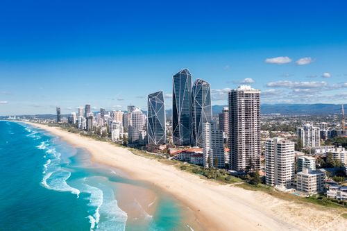 Aerial view of the stunning Gold Coast skyline on a sunny day, Queensland, Australia