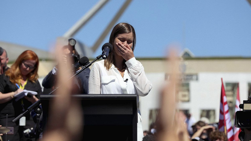 Brittany Higgins speaks at the March 4 Justice protest in Canberra, in March, 2021. 
