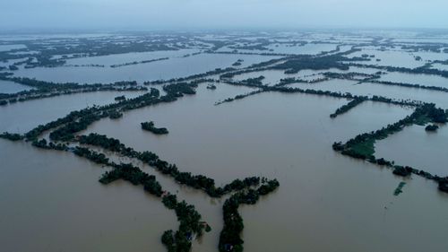 An aerial view of flooded Kuttanad in Alappuzha district, in the southern state of Kerala, India.
