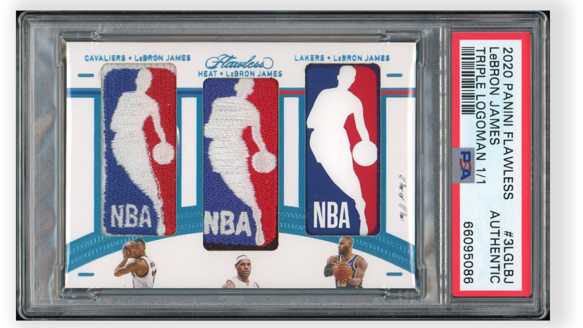 The LeBron James &quot;triple logoman&quot; features three NBA logo patches from James&#x27; logo at the Cleveland Cavilers, Miami Heat and Los Angeles Lakers.