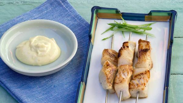 Barbecued Patagonian toothfish skewers with wasabi mayonnaise