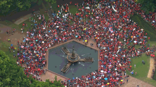 Teachers, principals, and their supporters in Hyde Park this morning.