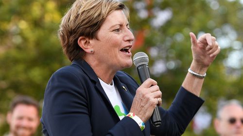 Christine Forster, City of Sydney councillor, addresses the crowd at a street party following the announcement of the same sex marriage vote result, at Taylor Square, in Sydney. (AAP)