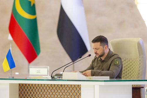 Ukraine's President Volodymyr Zelenskyy speaks during the Arab summit in Jeddah, Saudi Arabia, Friday, May 19, 2023 