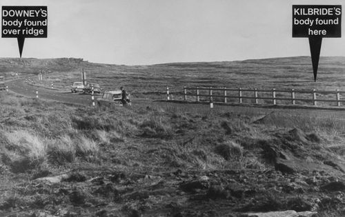 A view of Saddleworth Moor, near Manchester, annotated to show the burial locations of two of the victims of  Ian Brady and Myra Hindley: Lesley Ann Downey and John Kilbride.