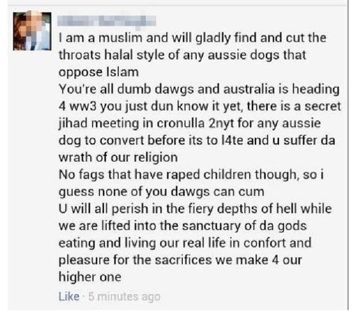 An Sydney Trains employee has been suspended after allegedly using his Facebook page to threaten to “cut the throats” of any Australian who opposed Islam.