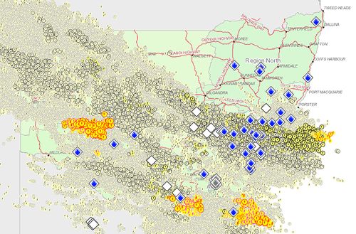 A map of lightning strikes across NSW between 3am and 6am. (Image: AAP/NSW Rural Fire Service)