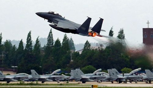 A US F-22 Raptor stealth fighter jet takes off as South Korea and the United States conduct the Max Thunder joint military exercise earlier this year. (AP).