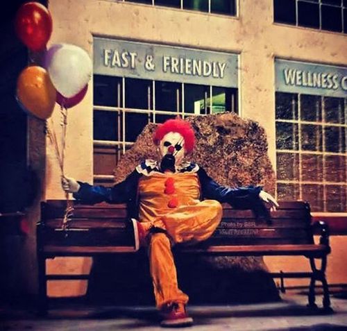 The clown rampage has been linked to an art project by a couple from nearby Wasco who post photos on social media of a creepy clown posing in public places late at night carrying balloons. (Picture: Instagram)