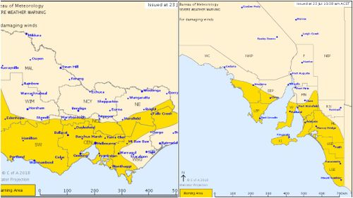 The Bureau of Meteorology has issued severe weather warnings for parts of South Australia and Victoria. Image: BoM