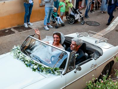 BORMES-LES-MIMOSAS, FRANCE - APRIL 29: Her Royal Highness Alexandra of Luxembourg & Nicolas Bagory leave their religious wedding on April 29, 2023 in Bormes-les-Mimosas, France. (Photo by Arnold Jerocki/Getty Images)