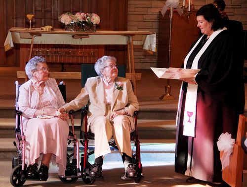 Elderly women marry after 72 years together