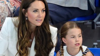 Catherine, Duchess of Cambridge and Princess Charlotte of Cambridge attend the Sandwell Aquatics Center during the 2022 Commonwealth Games on August 02, 2022 in Birmingham, England 