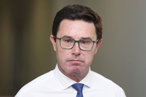 O líder nacional David Littleproud durante uma entrevista na galeria de imprensa do Parlamento em Canberra na quinta-feira, 5 de fevereiro de 2026. fedpol Foto: Alex Ellinghausen