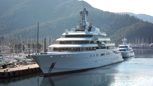 Roman Abramovich's Eclipse,  one of the world's biggest yachts at 162.5 metres, docked in the Turkish resort port of Marmaris