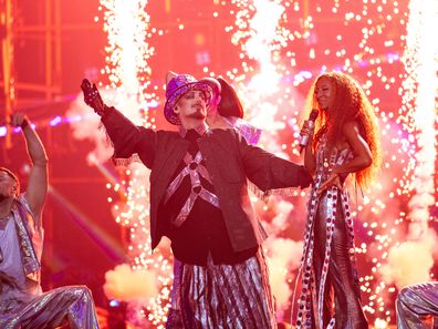 Senhit and Boy George representing San Marino perform during the second dress rehearsal for the semi-final 1 of the 2026 Eurovision Song Contest at Wiener Stadthalle on May 11, 2026 in Vienna, Austria.  