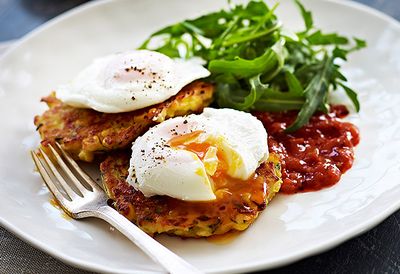 Recipe: <a href="http://kitchen.nine.com.au/2016/05/05/13/10/cheesy-corn-and-zucchini-fritters-poached-eggs-and-tomato-relish" target="_top">Corn fritters with poached eggs</a>