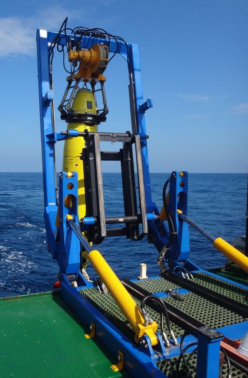 REMUS 6000 being deployed off the Colombian Navy research ship ARC Malpelo. (Mike Purcell, Woods Hole Oceanographic Institution)