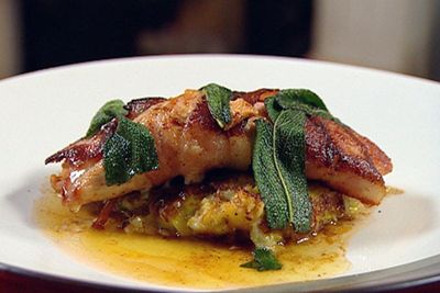 Turkey wrapped in bacon and sage with bubble and squeak