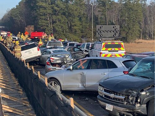 The cars crashed in a chain reaction on I-64 in eastern Virginia on Sunday morning (local time) because of fog and ice, authorities said.