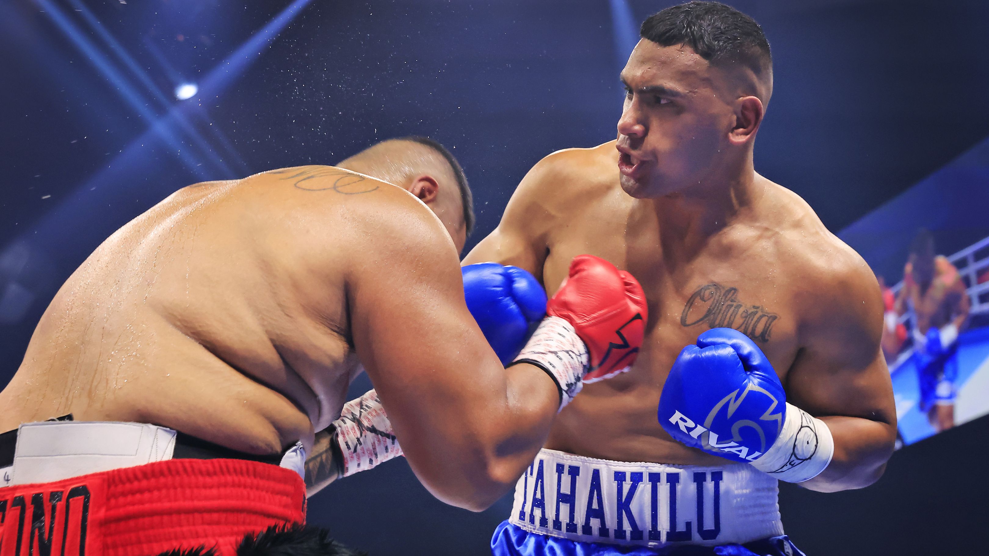Tevita Pangai Jr throws a punch in the heavyweight fight at Aware Super Theatre.
