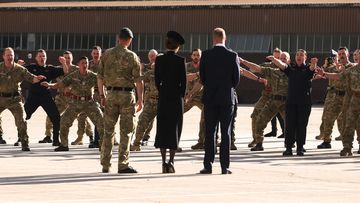 New Zealand troops perform a &quot;Haka&quot; for Prince William, Prince of Wales and Catherine, Princess of Wales.