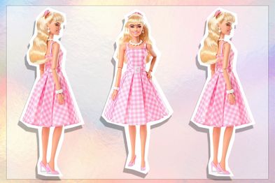 9PR: Barbie The Movie Doll, Margot Robbie as Barbie, Collectible Doll Wearing Pink and White Gingham Dress with Daisy Chain Necklace 