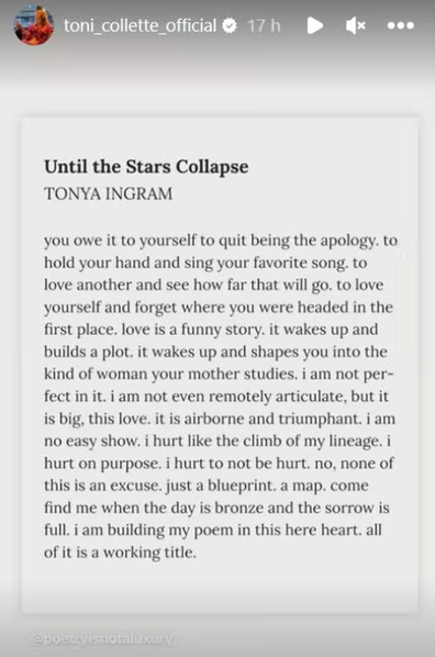 Toni Collette shares Tonya Ingram poem about hurt and love.